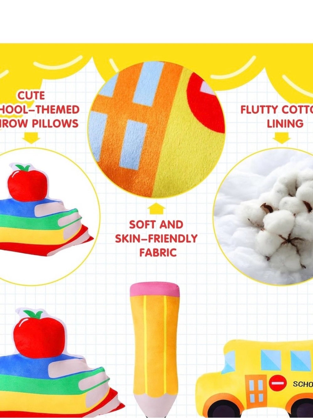 3 Pcs 16” Back to School Pillows Classroom School Bus & Books/Apple, Pencil - Picture 3 of 6